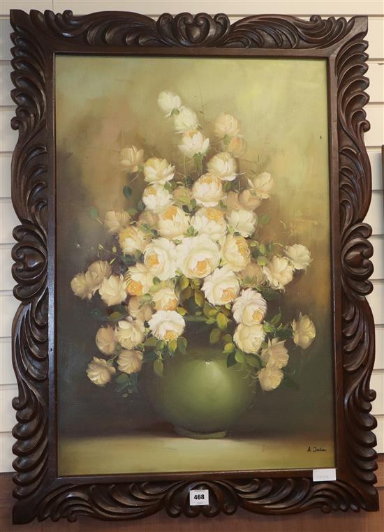 A. Julin, oil on canvas, Still life of roses in a vase, signed, 90 x 60cm